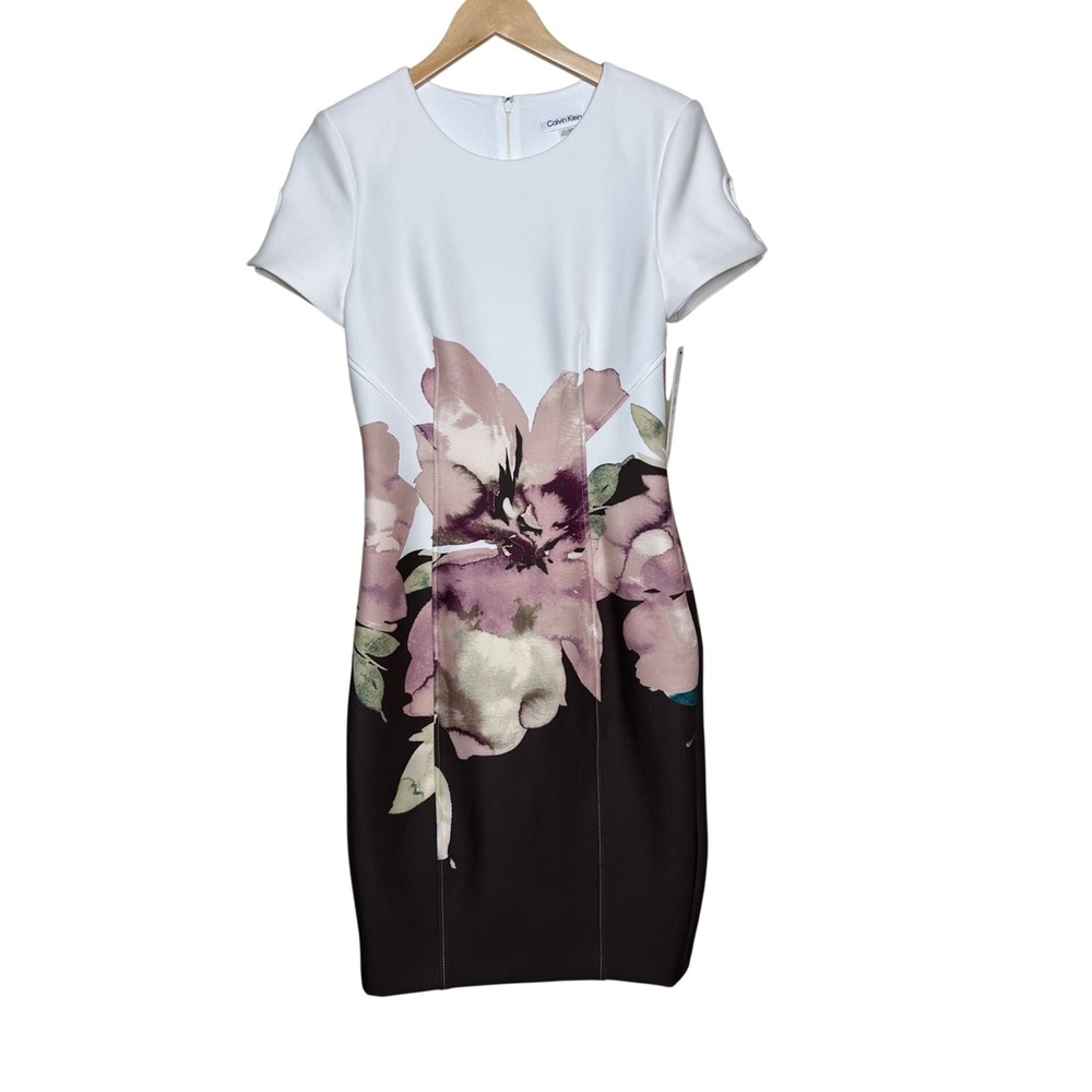 NWT Calvin Klein Floral Print Sheath Midi Dress size 6 White/Purple